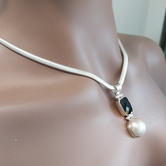 Silver  Necklace Perl Mabe & Gemstone - Picture 6 of 15